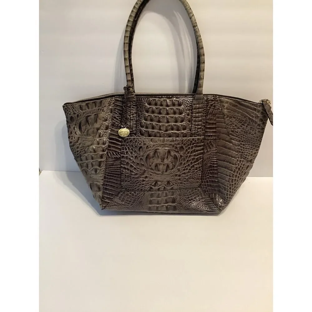 Brahmin Gray And Brown Large Genuine Leather‎ Tote Bag Purse